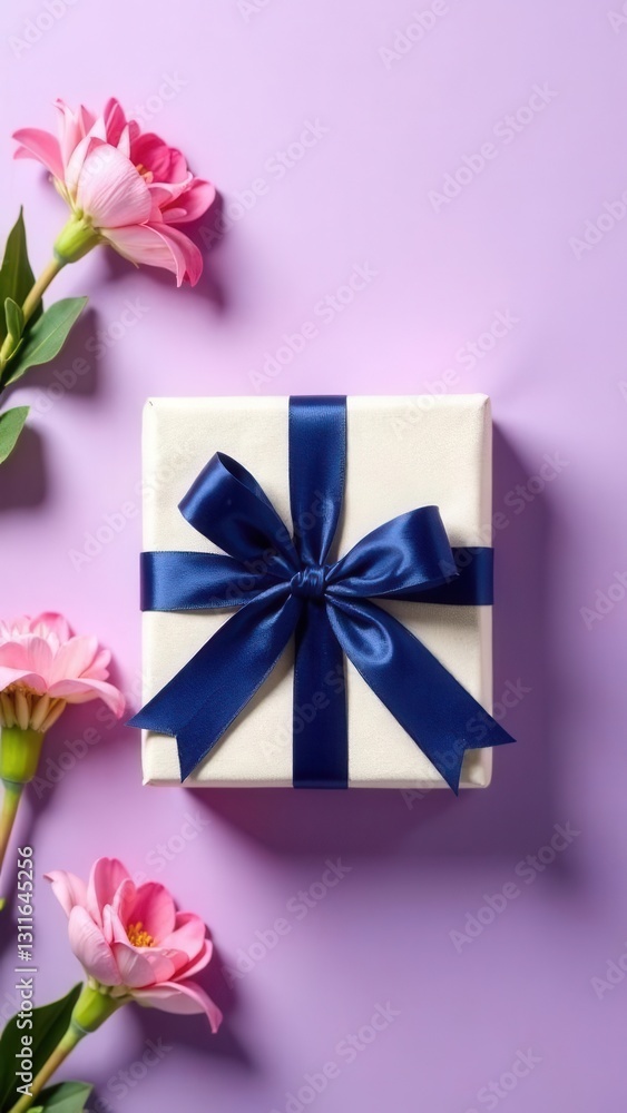 A neatly packaged gift sits on a pastel purple background adorned with a navy blue ribbon. Pink flowers surround the gift creating a festive and inviting atmosphere. A neatly packaged gift sits on a pastel purple background adorned with a navy blue ribbon. Pink flowers surround the gift creating a festive and inviting atmosphere.