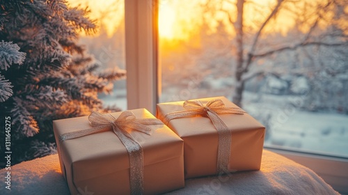 Warm sunlight bathes Christmas gifts under the tree in a snug room with a view of the snowy window