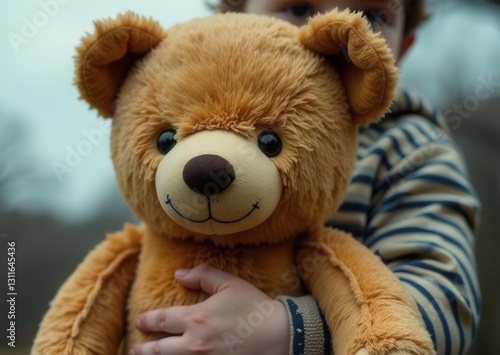 A child stands outside embracing a large soft teddy bear. Dressed in a striped sweater the child gazes gently at the teddy bear against a gray overcast sky.