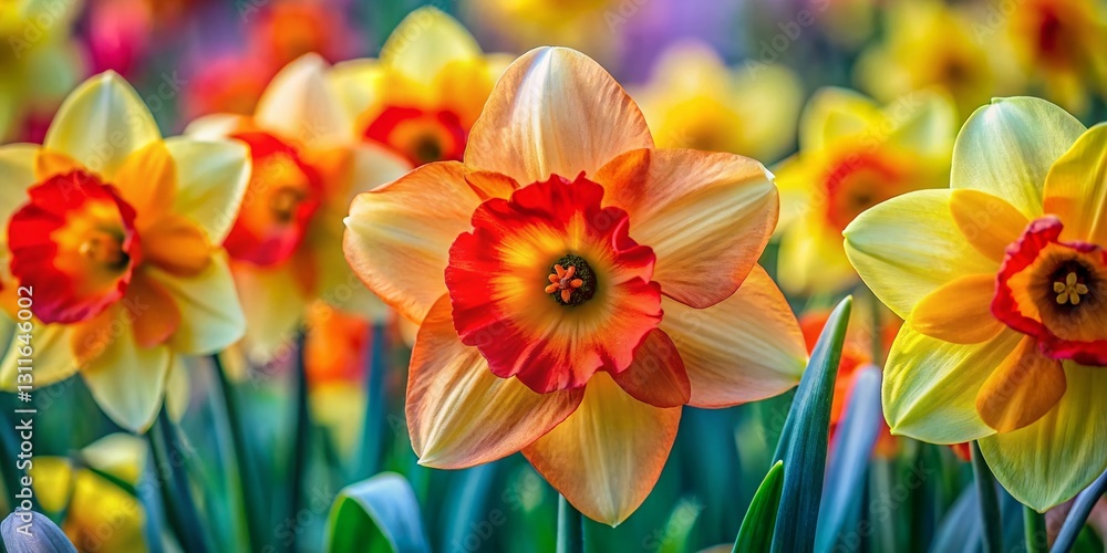 Tahiti Daffodil Close-Up: Exotic Blooms in Lush Garden Tahiti Daffodil Close-Up: Exotic Blooms in Lush Garden