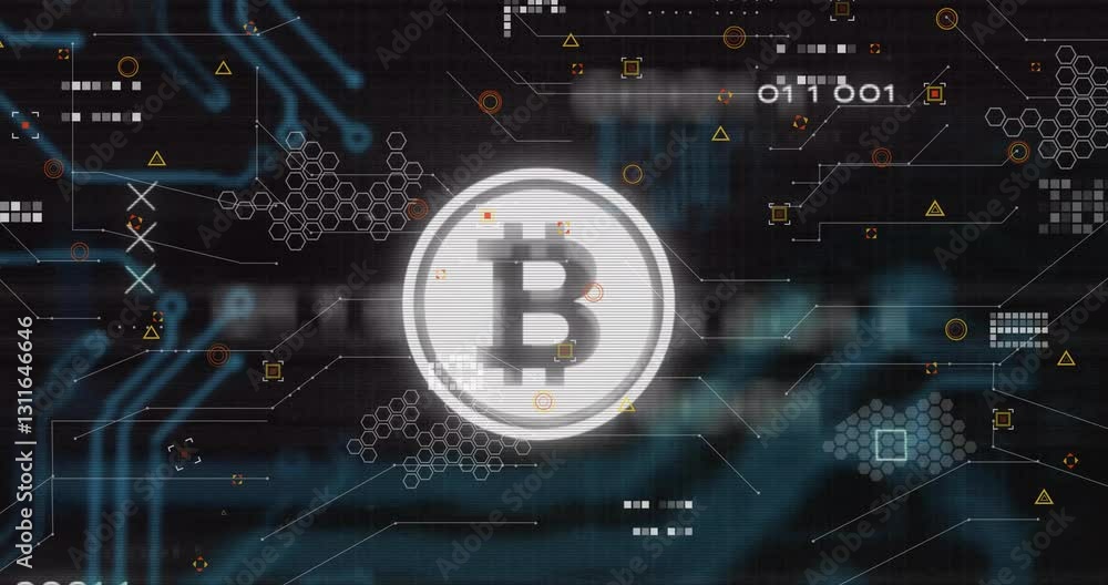 Bitcoin symbol with animation of digital network and binary code elements Bitcoin symbol with animation of digital network and binary code elements