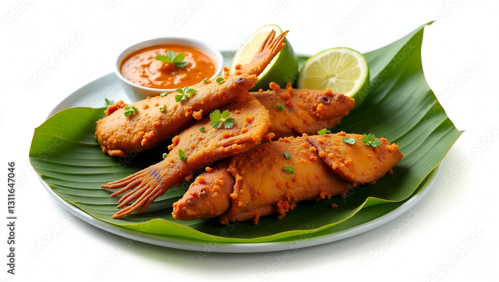 Crispy Fried Fish with Spicy Seasoning and Dipping Sauce – Authentic Seafood Dish on Banana Leaf. Crispy Fried Fish with Spicy Seasoning and Dipping Sauce – Authentic Seafood Dish on Banana Leaf.