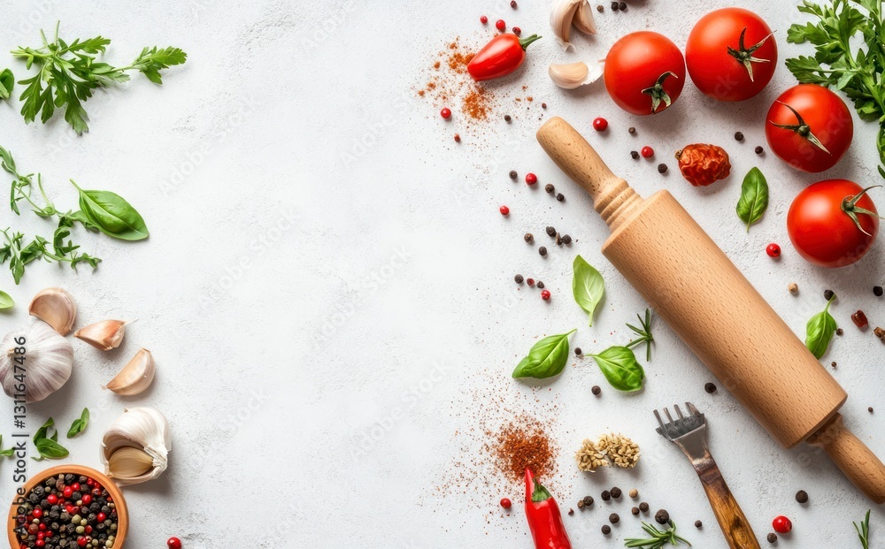 Rolling Pin and Fresh Ingredients Overhead on White Surface Ready to Cook Rolling Pin and Fresh Ingredients Overhead on White Surface Ready to Cook