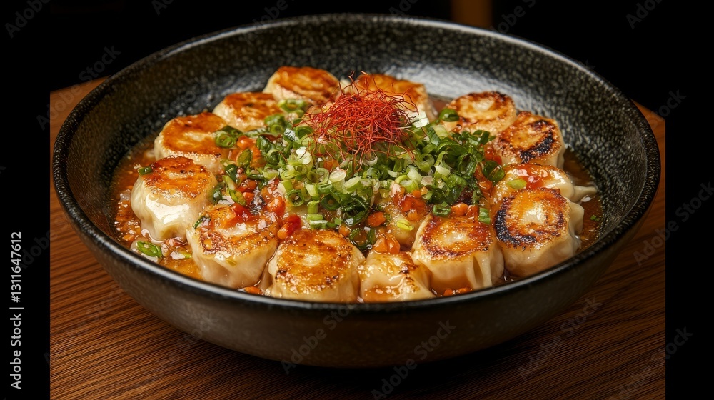 Sprinkling soy sauce over freshly steamed dumplings in a black bowl, displayed on a rustic table Sprinkling soy sauce over freshly steamed dumplings in a black bowl, displayed on a rustic table