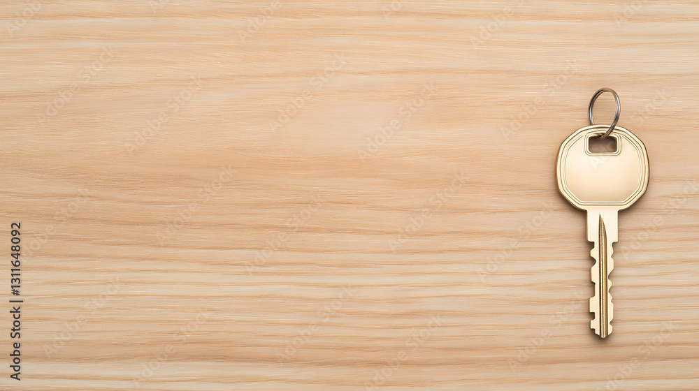 A single key on a wooden table, 45-degree overhead view, symbolizing security, ownership, or new opportunities.
