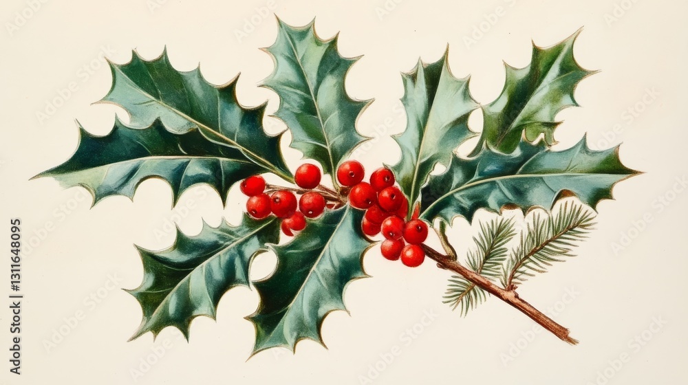 Obraz premium A festive mix of holly and pine, complemented by vivid red berries and fresh green leaves