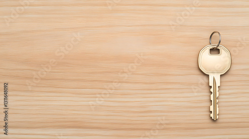 Obraz na płótnie A single key on a wooden table, 45-degree overhead view, symbolizing security, ownership, or new opportunities.
w salonie