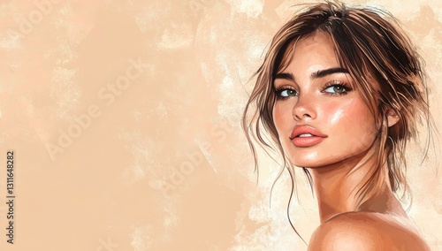 Beautiful woman with a perfect face and skin in a portrait on a beige background, a spa beauty treatment concept,