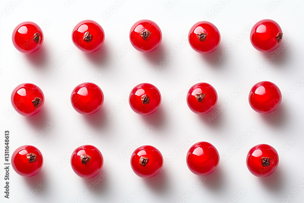Fototapeta premium Bright red cranberries arranged neatly in a grid pattern on a clean white surface showcasing their shiny texture 