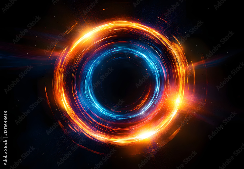 Abstract circular element with radiant orange and blue glows against a black background. Dynamic light beams emanate outwards, suggesting energy and motion. Abstract circular element with radiant orange and blue glows against a black background. Dynamic light beams emanate outwards, suggesting energy and motion.