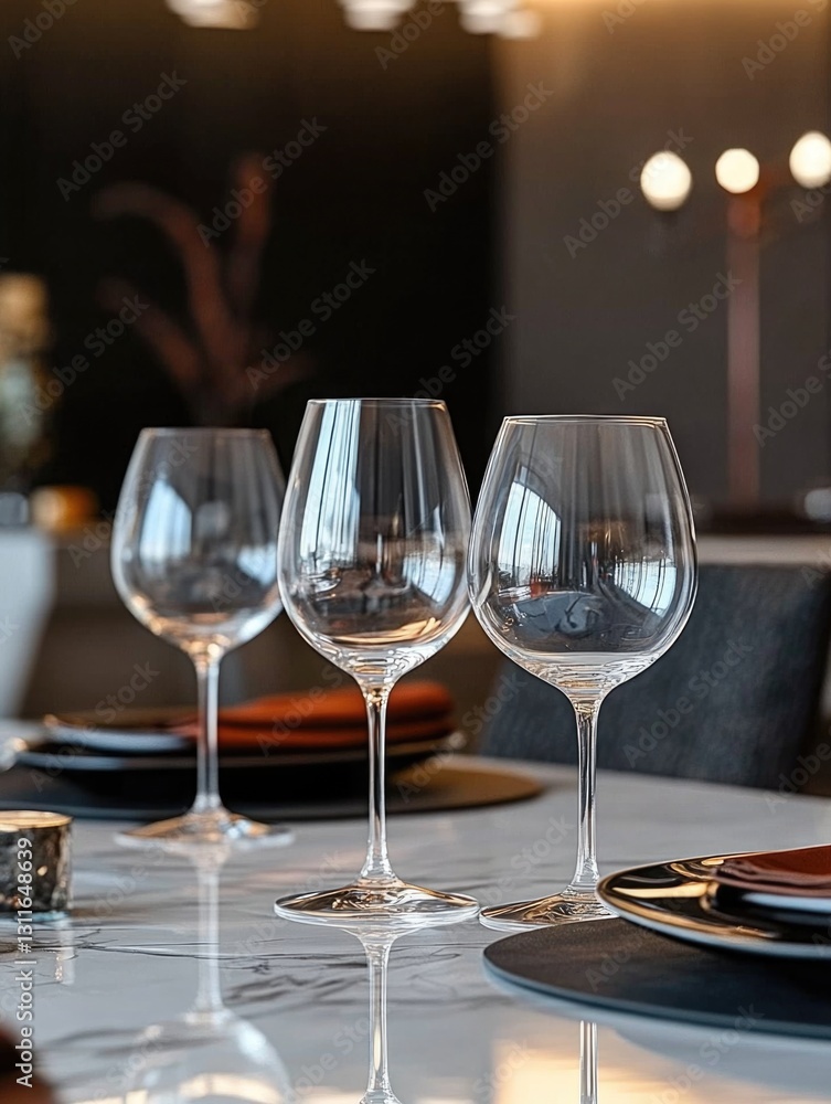 Three wine glasses are on a table with a white tablecloth. The glasses are clear and shiny, and they are placed on a black placemat. The table setting is elegant and sophisticated Three wine glasses are on a table with a white tablecloth. The glasses are clear and shiny, and they are placed on a black placemat. The table setting is elegant and sophisticated