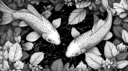 A striking black and white koi fish elegantly swims rightward, its head artfully tilted left amidst tranquil waters, embodying grace and fluidity photo