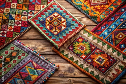 Textured Rug Designs on Rustic Wooden Floor: High-Resolution Stock Photo