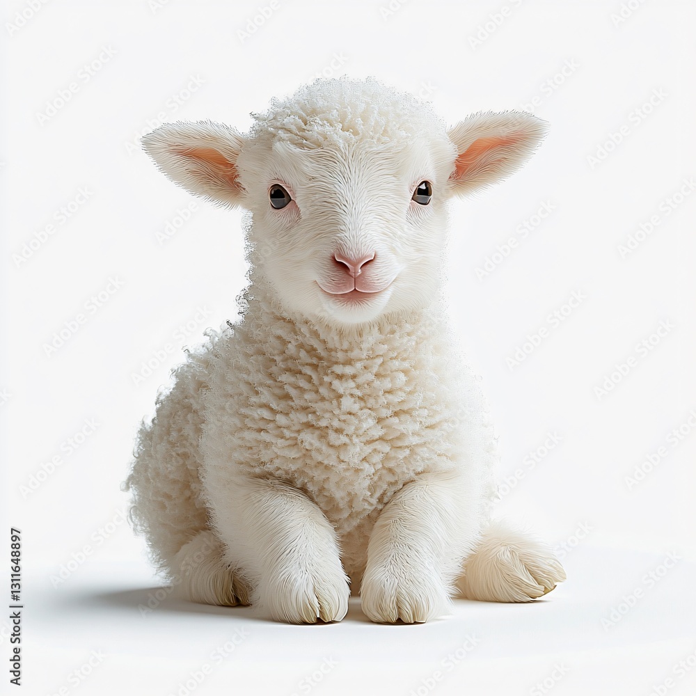 Fototapeta premium A photorealistic image of a young lamb, perfect for Easter promotions, baby animal events, or gentle nursery decor. Ideal for publications celebrating innocence and softness.