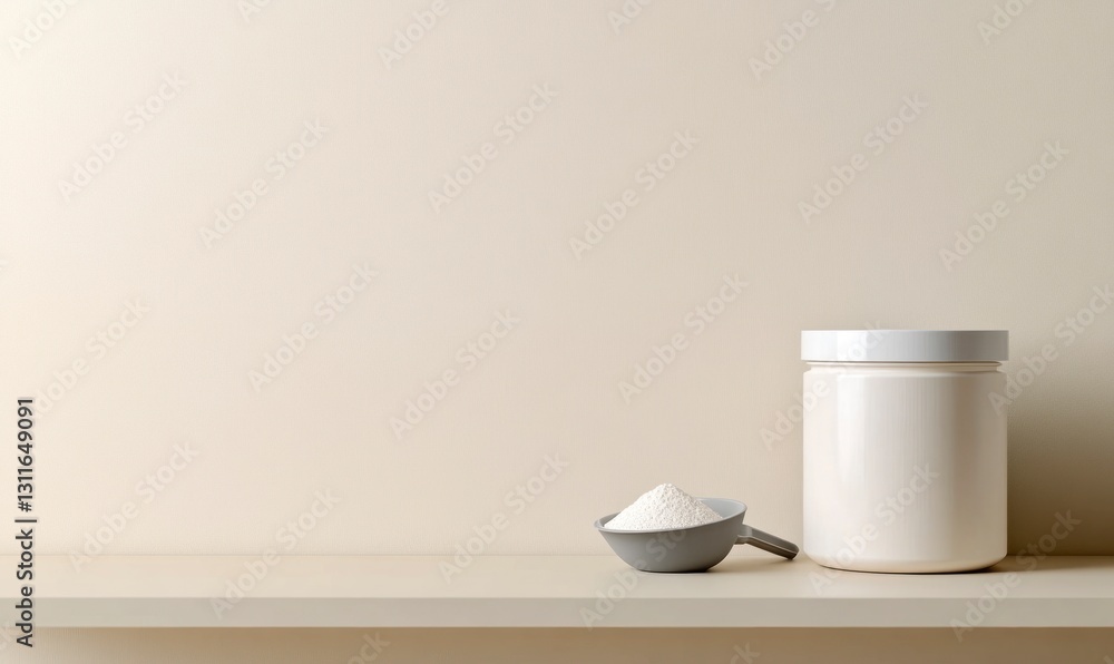 Supplement Powder on Shelf with Jar and Scoop for Nutrition Concept Supplement Powder on Shelf with Jar and Scoop for Nutrition Concept