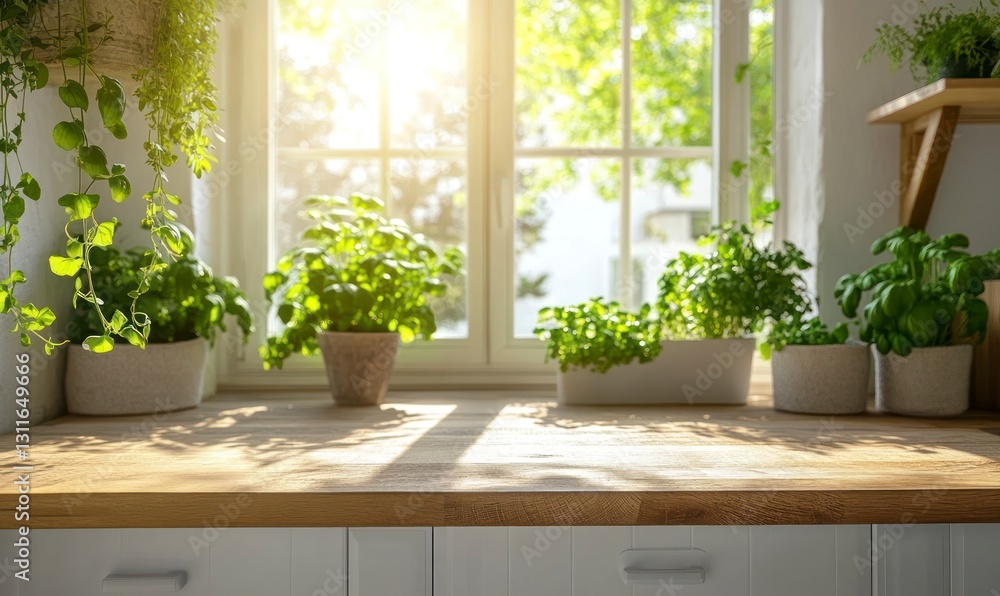 Bright Kitchen Counter with Plants and Sunlight Streaming Through Window Bright Kitchen Counter with Plants and Sunlight Streaming Through Window