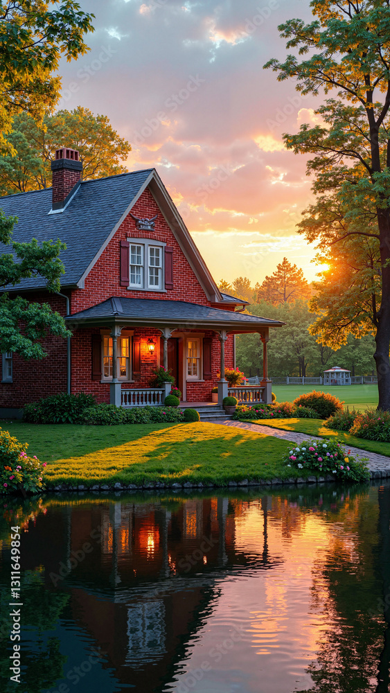 Charming Red Brick House by a Tranquil Lake: Perfect for Real Estate Ads, Tourism Brochures, and Lifestyle Blogs Charming Red Brick House by a Tranquil Lake: Perfect for Real Estate Ads, Tourism Brochures, and Lifestyle Blogs