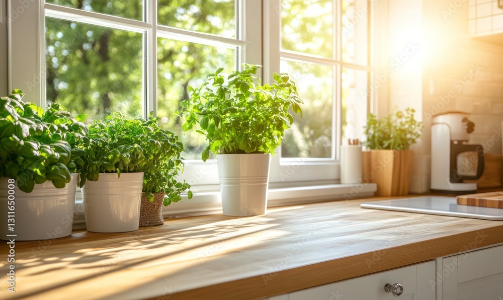 Potted Herbs on Kitchen Counter in Sunlight Create Cozy Home Interior Potted Herbs on Kitchen Counter in Sunlight Create Cozy Home Interior