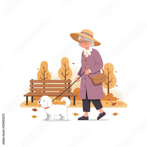 Senior Woman Walking Dog in Autumn Park with Leaves