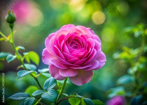 Tilt-Shift Close-Up of a Blooming Pink Rose with Soft Focus Green Background