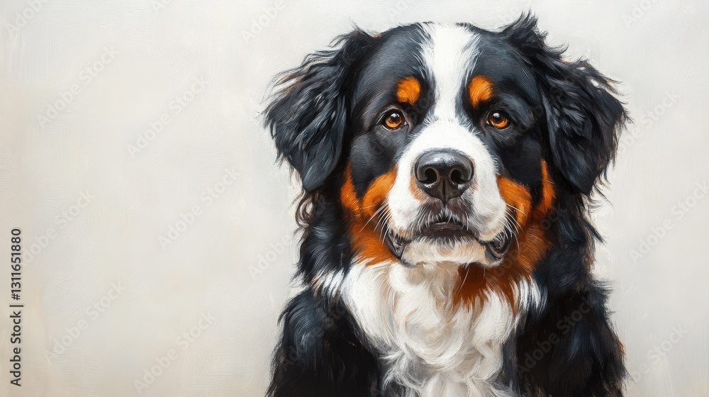 A lifelike oil painting captures a Bernese Mountain Dog with rich black, white, and brown fur, and soulful deep-brown eyes, exuding warmth and charm A lifelike oil painting captures a Bernese Mountain Dog with rich black, white, and brown fur, and soulful deep-brown eyes, exuding warmth and charm