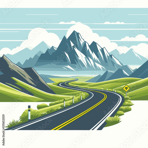 Scenic mountain road leading through green valleys.