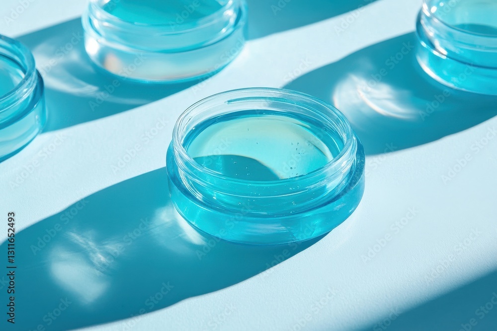 Clear blue gel in glass containers arranged on a light blue surface during bright daylight