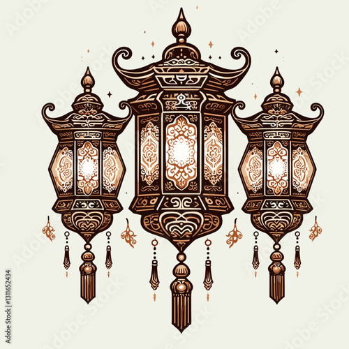 Ornate lanterns with intricate patterns and warm glow.