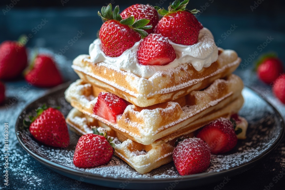 Golden waffles topped with strawberries and syrup Golden waffles topped with strawberries and syrup