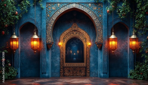  Intricate Blue Wall with Ornate Arches and Glowing Lanterns Amidst Lush Greenery