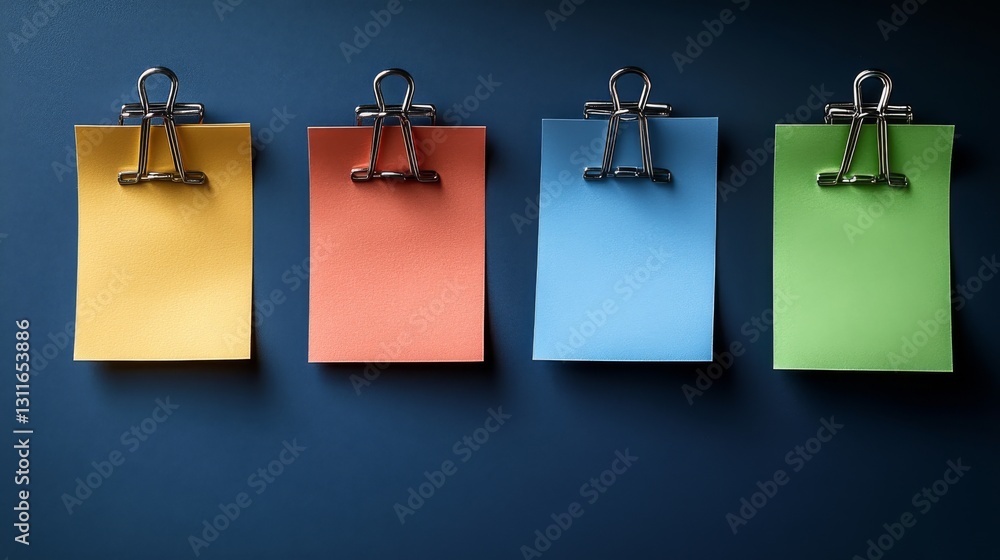 Four vibrant paper notes with clips against a dark blue wooden background Four vibrant paper notes with clips against a dark blue wooden background