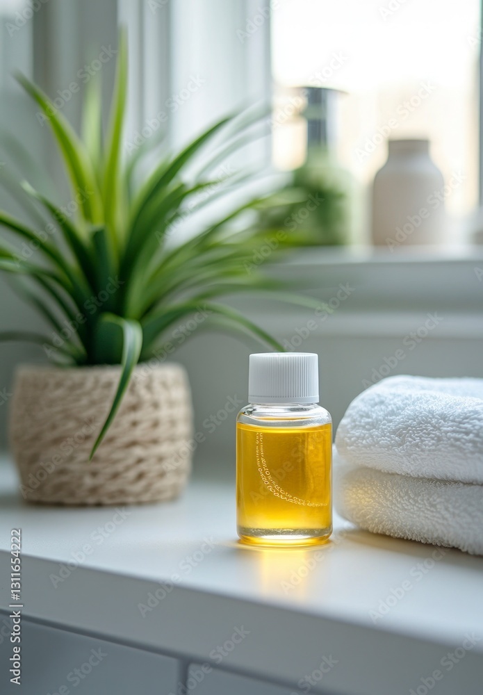 Essential Oil Bottle Next to Towel with Plant in Bathroom Essential Oil Bottle Next to Towel with Plant in Bathroom