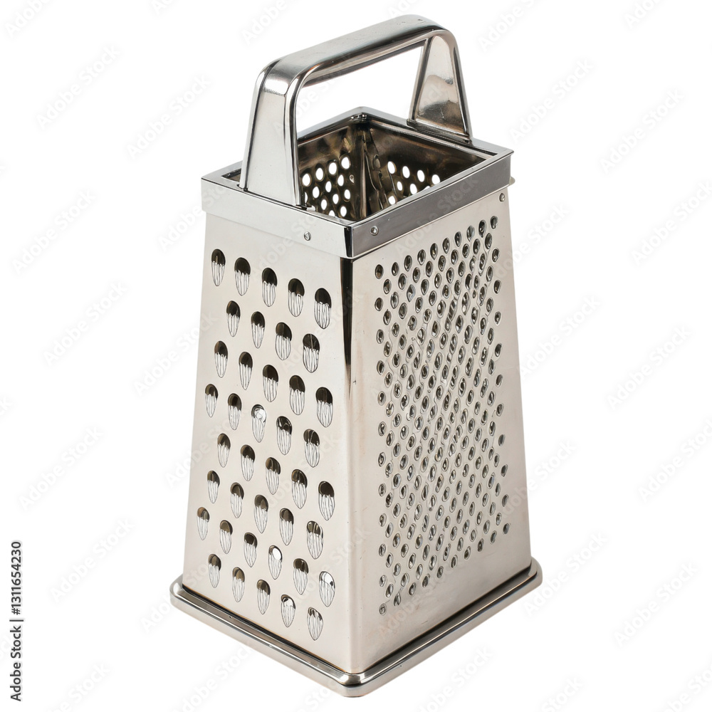 A stainless steel grater with multiple holes for shredding various foods. A stainless steel grater with multiple holes for shredding various foods.