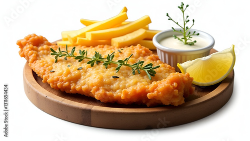 Crispy Beer-Battered Fish and Chips with Lemon Wedge and Tartar Sauce – Classic Comfort Food.