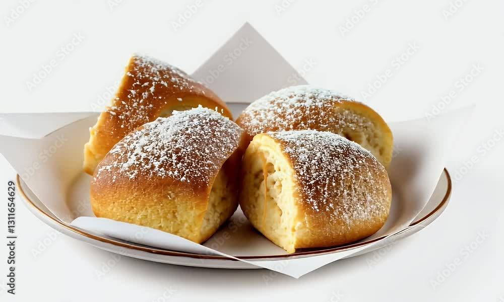 Close-up of three delicious coconut-dusted bread rolls, two are halved, showing fluffy interior, arranged on a plate against a clean white background. Sweet, baked treat, perfect for breakfast Close-up of three delicious coconut-dusted bread rolls, two are halved, showing fluffy interior, arranged on a plate against a clean white background. Sweet, baked treat, perfect for breakfast