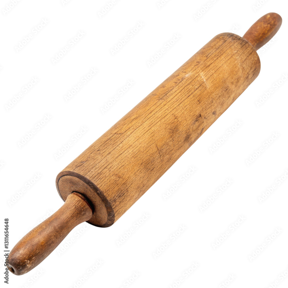 A classic wooden rolling pin, used for flattening dough in baking. A classic wooden rolling pin, used for flattening dough in baking.