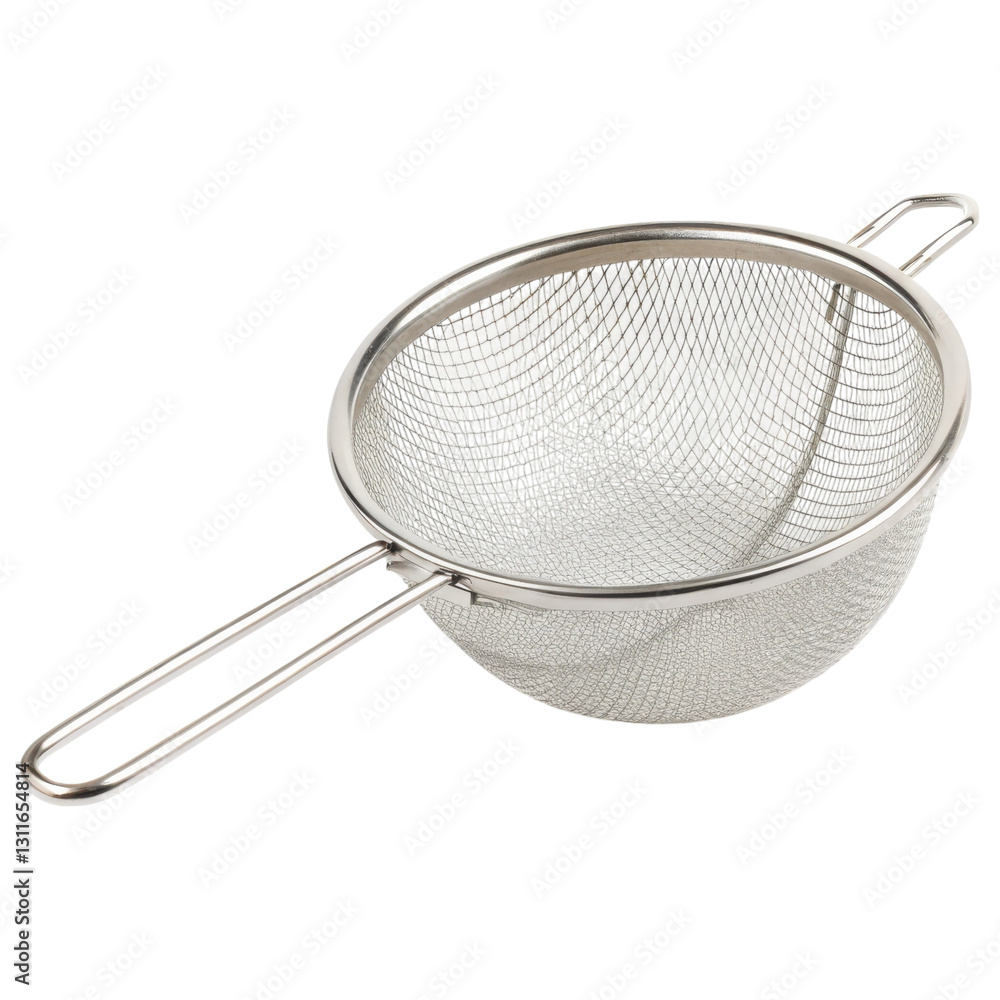 A metal strainer featuring a mesh design with two handles, commonly used for draining liquids from food. A metal strainer featuring a mesh design with two handles, commonly used for draining liquids from food.