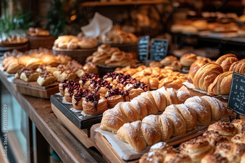 Cozy bakery interior showcasing an array of delicious pastries and freshly kneaded dough. Cozy bakery interior showcasing an array of delicious pastries and freshly kneaded dough.