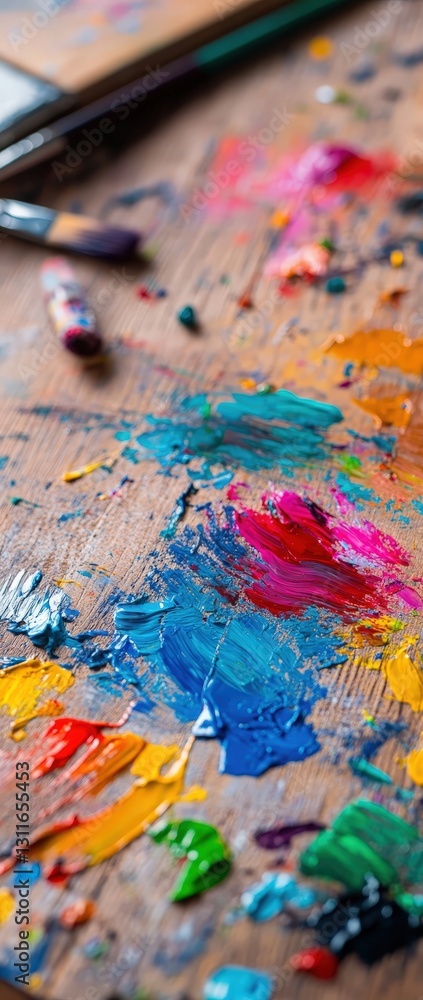 Fototapeta premium A vibrant palette of paint splatters on a wooden surface, showcasing a variety of colors and artist tools, capturing the essence of creativity.
