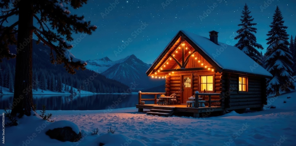 Fototapeta premium Twinkly lights on a wooden cabin under the stars, cozy, natural