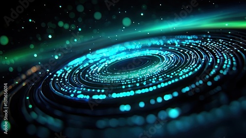 Aurora borealis northern lights idea. Abstract digital artwork featuring glowing circles and particles in dark space.