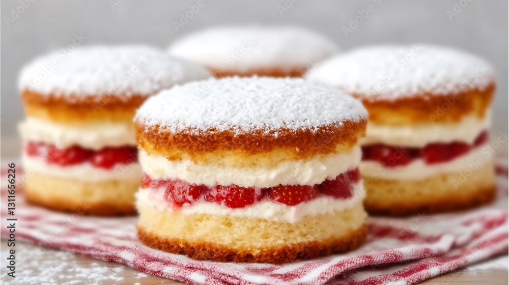 Cake with cream and strawberry jam being served on table Cake with cream and strawberry jam being served on table