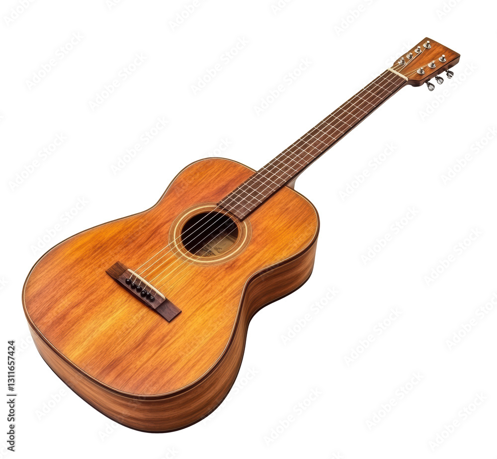 Fototapeta premium Guitar resting on a surface with warm wooden tones and clean lines on a transparent background