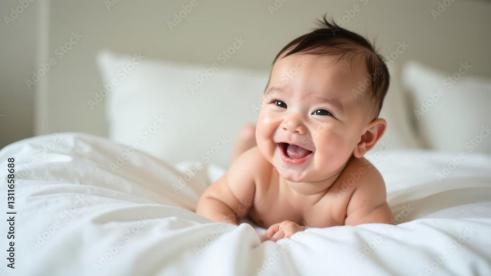 adorable infant lying on a white fabric surface, smiling with bright eyes, reaching hands and feet, warm and soft shadows, natural baby pose, photorealistic detail, minimalistic setting adorable infant lying on a white fabric surface, smiling with bright eyes, reaching hands and feet, warm and soft shadows, natural baby pose, photorealistic detail, minimalistic setting