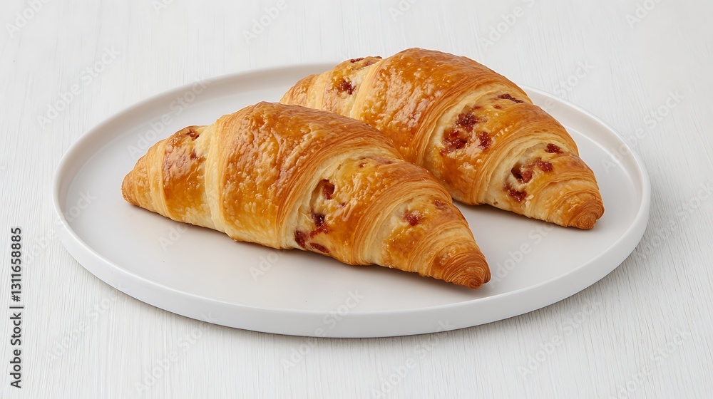 Croissants with ham on a plate over clean table. Food background for cafe, menu, or breakfast Croissants with ham on a plate over clean table. Food background for cafe, menu, or breakfast