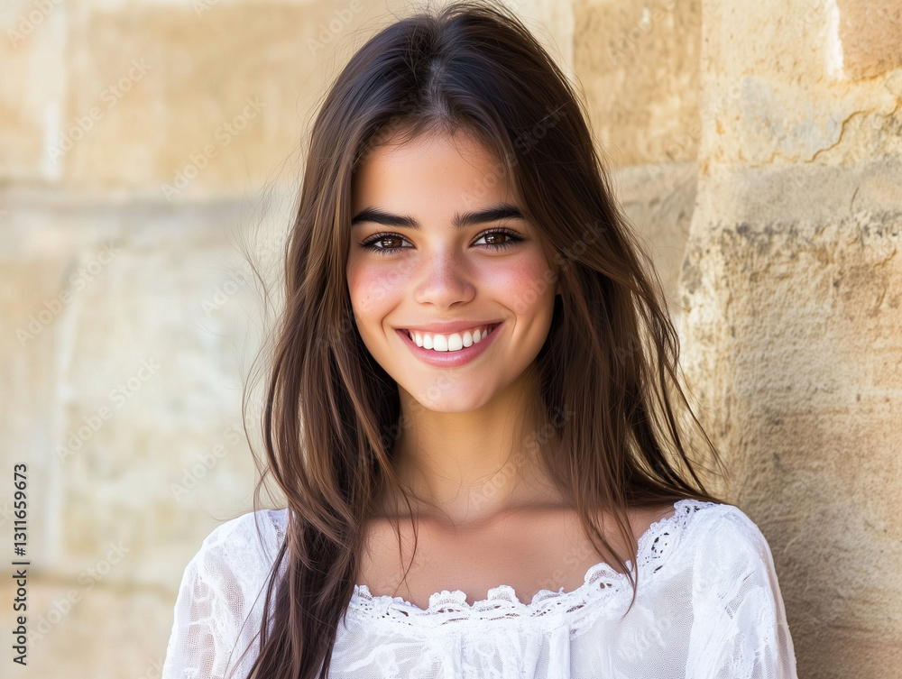 Beautiful young woman smiling and leaning against a stone wall Beautiful young woman smiling and leaning against a stone wall