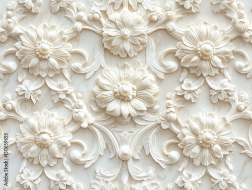 Elegant pearl floral wall decor, textured background, interior design