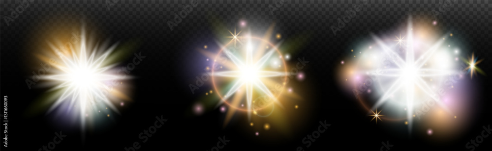 Set of flash light effect with glare and glow on a transparent background. Magic, rainbow glow, shining light, stars, optical flares for design, photomontage, New Year and holiday projects. Set of flash light effect with glare and glow on a transparent background. Magic, rainbow glow, shining light, stars, optical flares for design, photomontage, New Year and holiday projects.