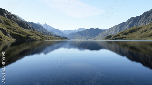 Fototapeta Naklejka Na Ścianę i Meble -  A beautiful mountain lake with a clear blue sky in the background. The lake is calm and peaceful, reflecting the mountains in the distance. Concept of tranquility and serenity