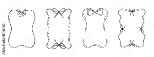 Set of frames decorated with ribbons and bows in doodle style. Decorative design for wedding cards, greeting letters, invitations, and social media